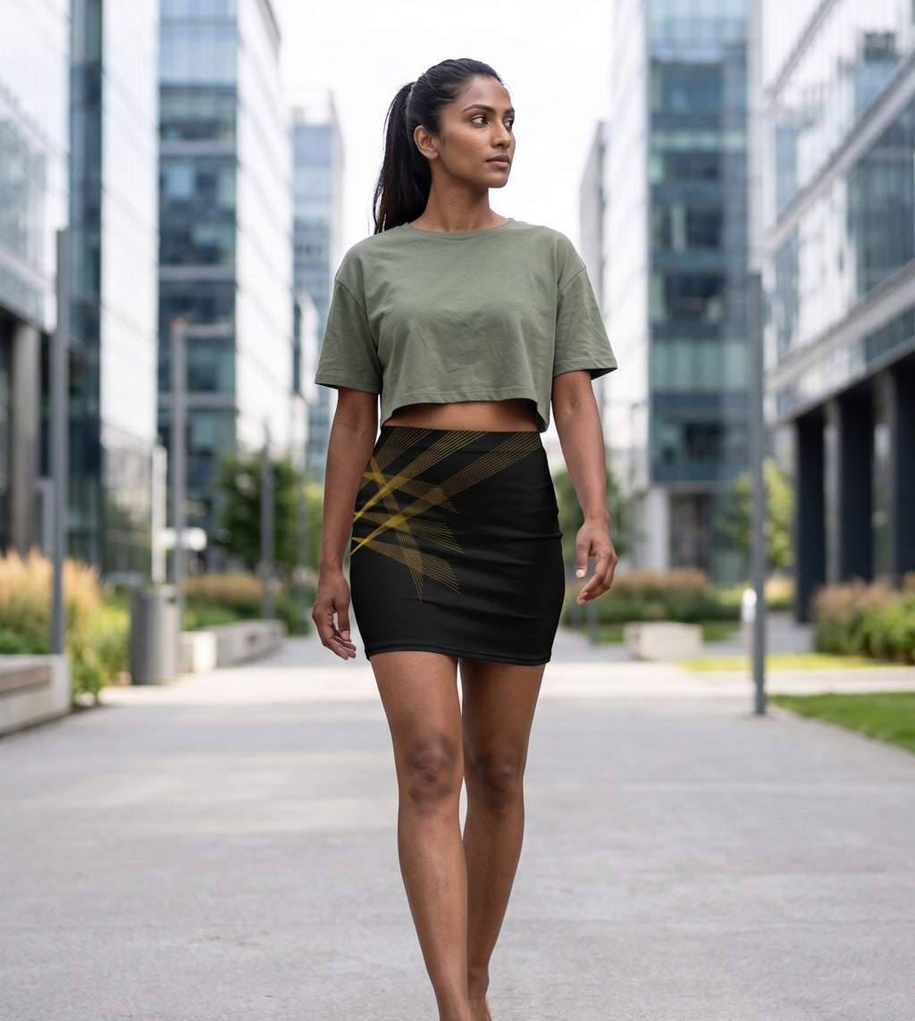 Women's Printed Poly Spandex Mini Skirt – Meridian | Gold Rays Geometric Print | Mid-Rise | Bodycon