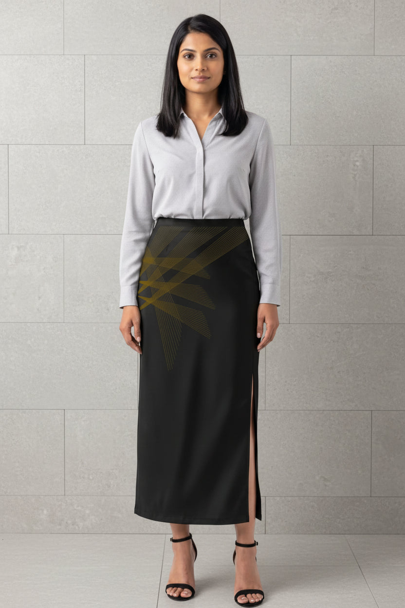 Women's Printed Poly Spandex Pencil Skirt – Meridian | Black n Gold Geometric Print | Ankle Length | Bodycon