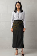 Women's Printed Poly Spandex Pencil Skirt – Meridian | Black n Gold Geometric Print | Ankle Length | Bodycon