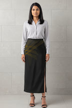 Women's Printed Poly Spandex Pencil Skirt – Meridian | Black n Gold Geometric Print | Ankle Length | Bodycon