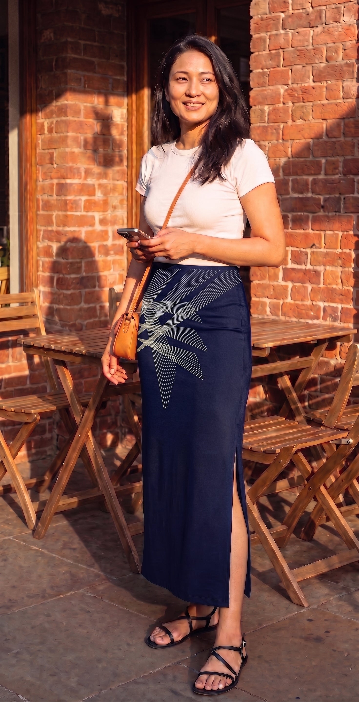Women's Printed Poly Spandex Pencil Skirt – Meridian | Navy n Grey Geometric Print | Ankle Length | Bodycon