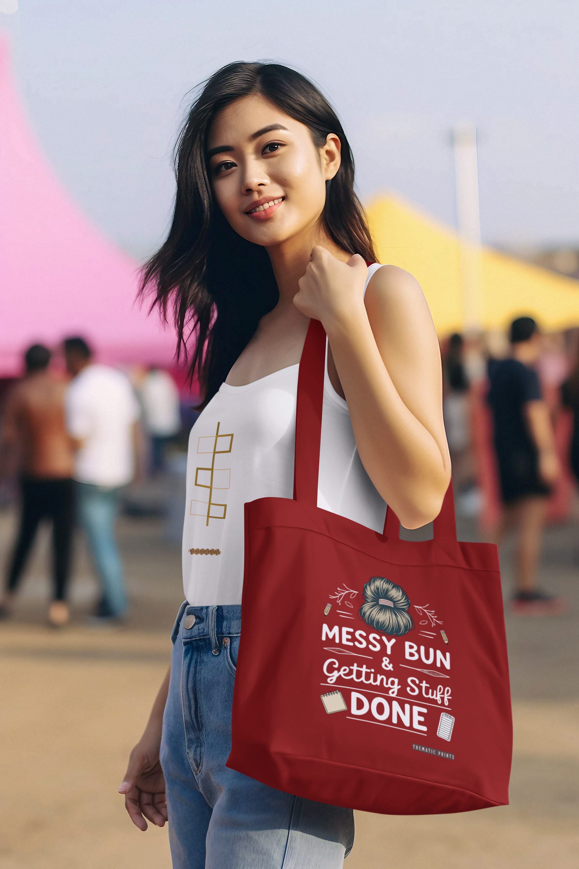 Canvas Eco-friendly Zipper Tote Bag for Collect Girls - Campus Casual Collection - Messy Bun and Getting Stuff Done