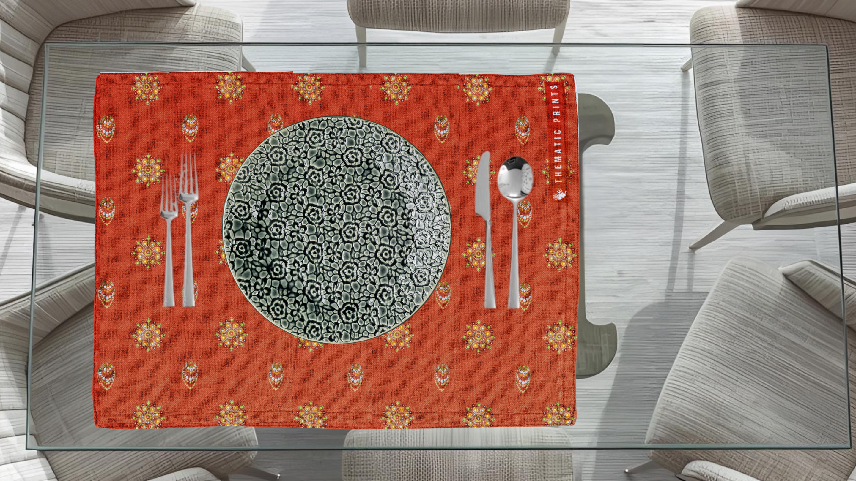Polyster Fabric Set of 6 Table Placemats - Mandala Small Motifs