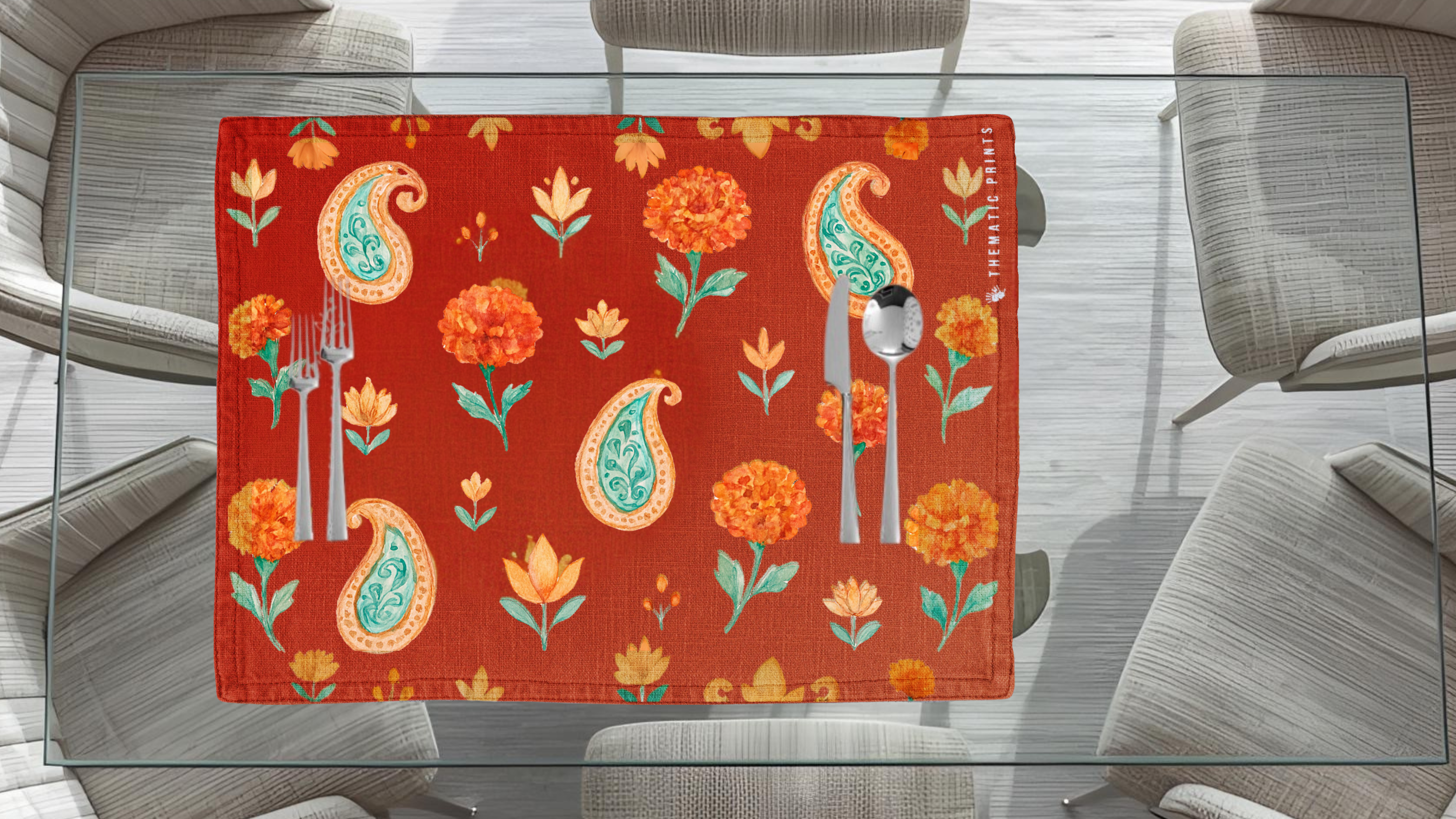 Polyster Fabric Set of 6 Table Placemats - Watercolor Floral