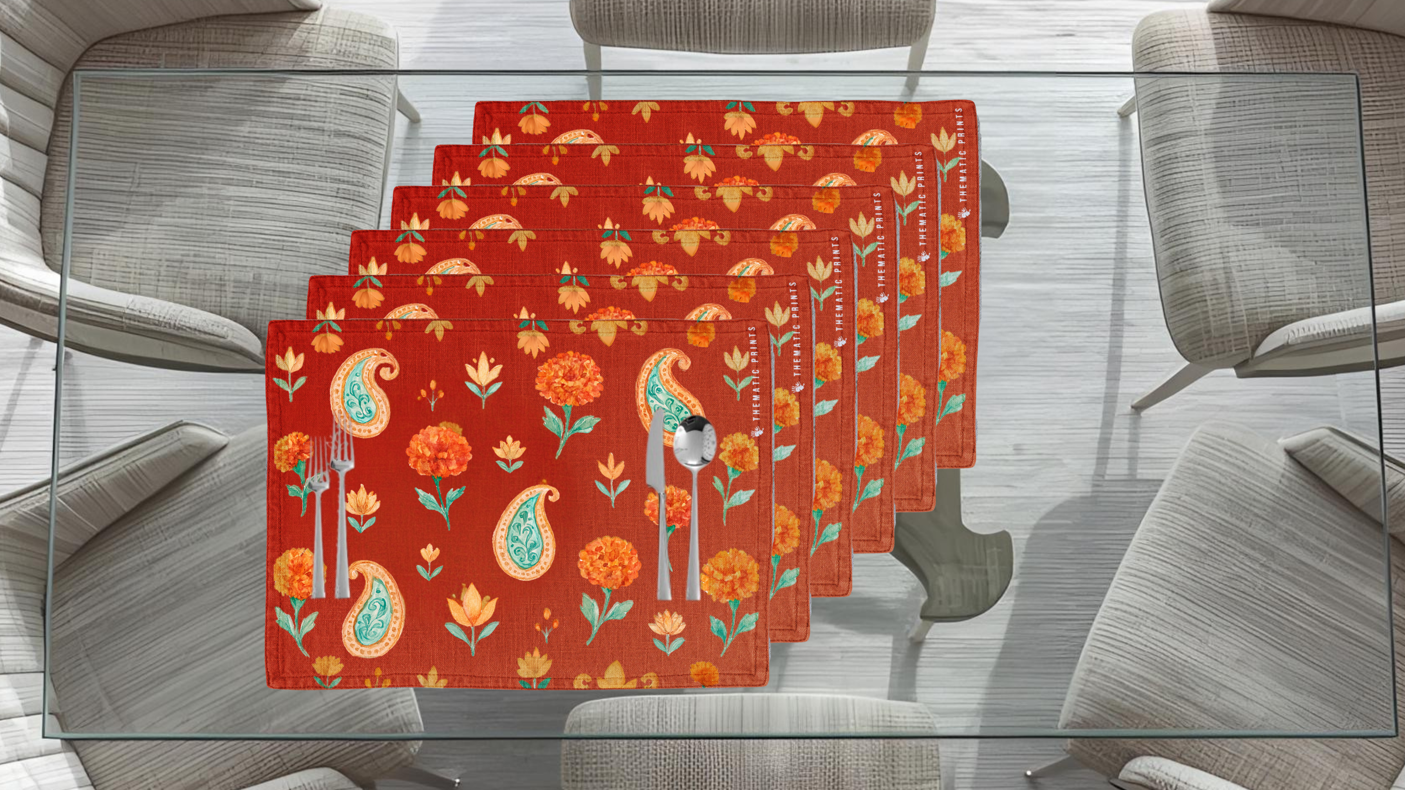 Polyster Fabric Set of 6 Table Placemats - Watercolor Floral