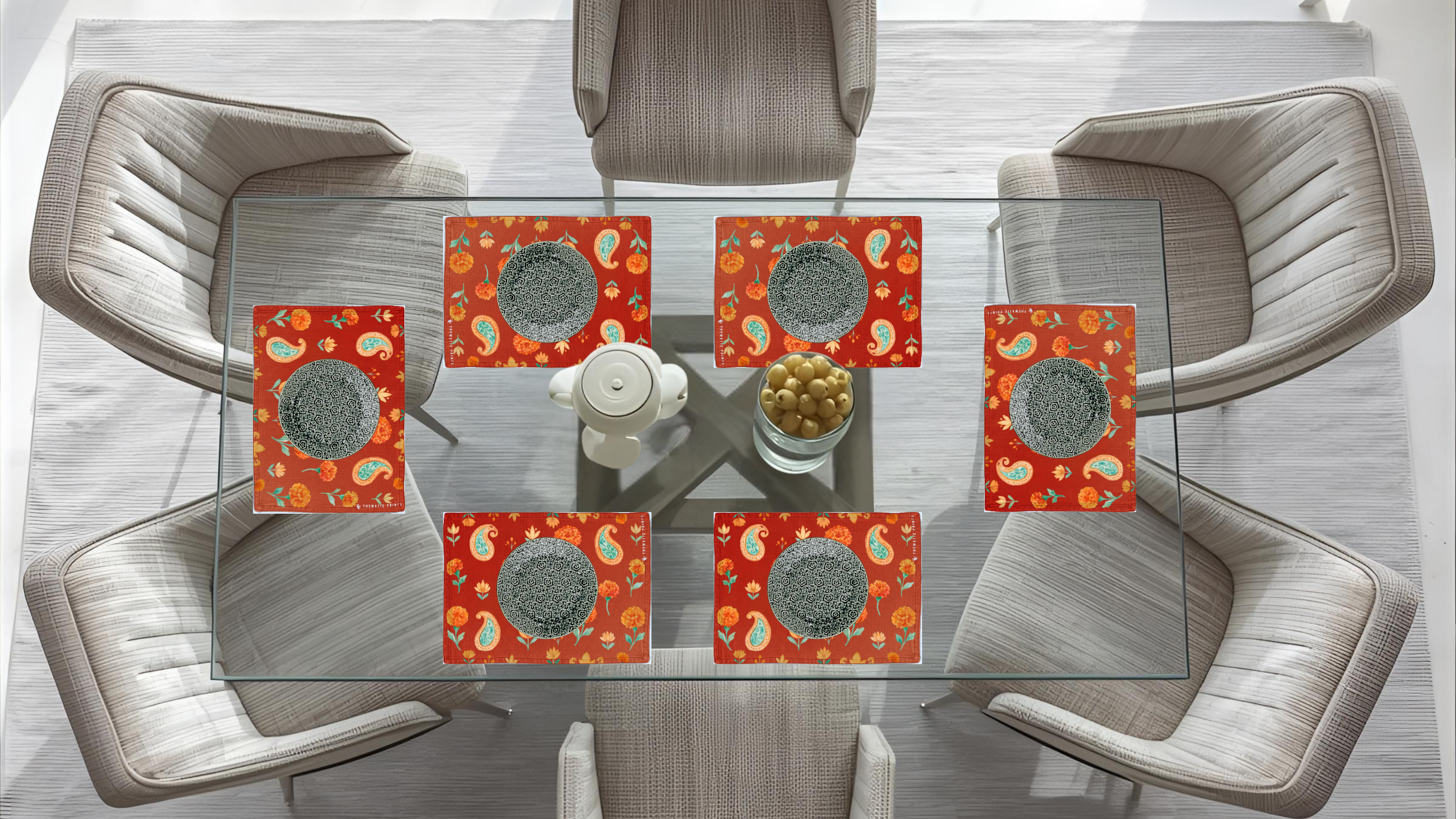 Polyster Fabric Set of 6 Table Placemats - Watercolor Floral