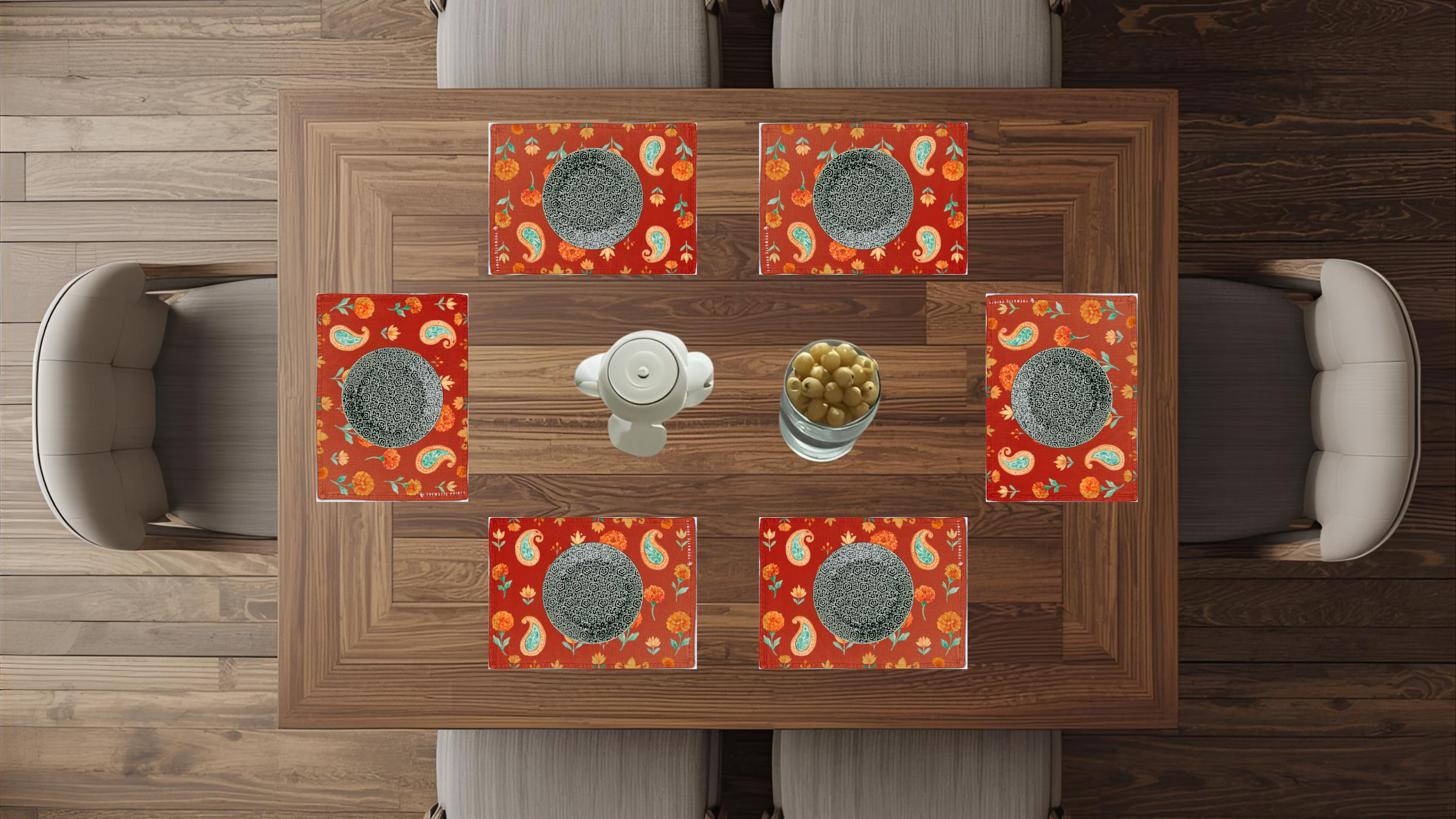 Polyster Fabric Set of 6 Table Placemats - Watercolor Floral
