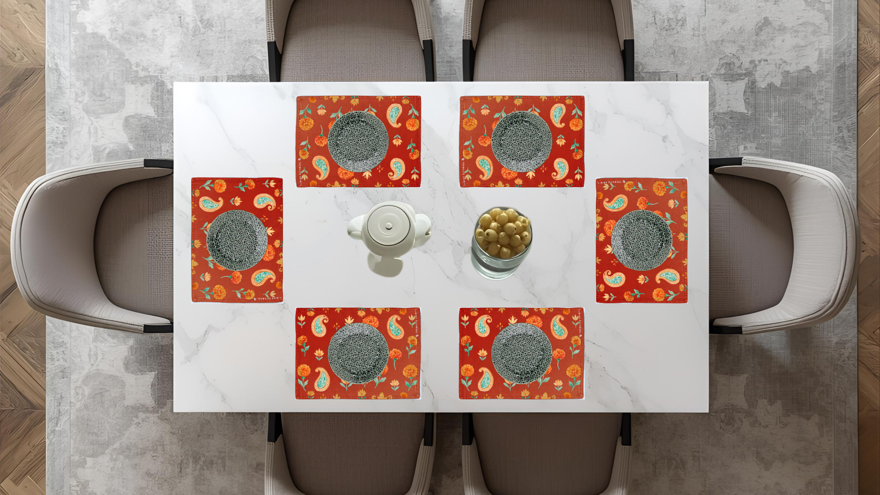 Polyster Fabric Set of 6 Table Placemats - Watercolor Floral
