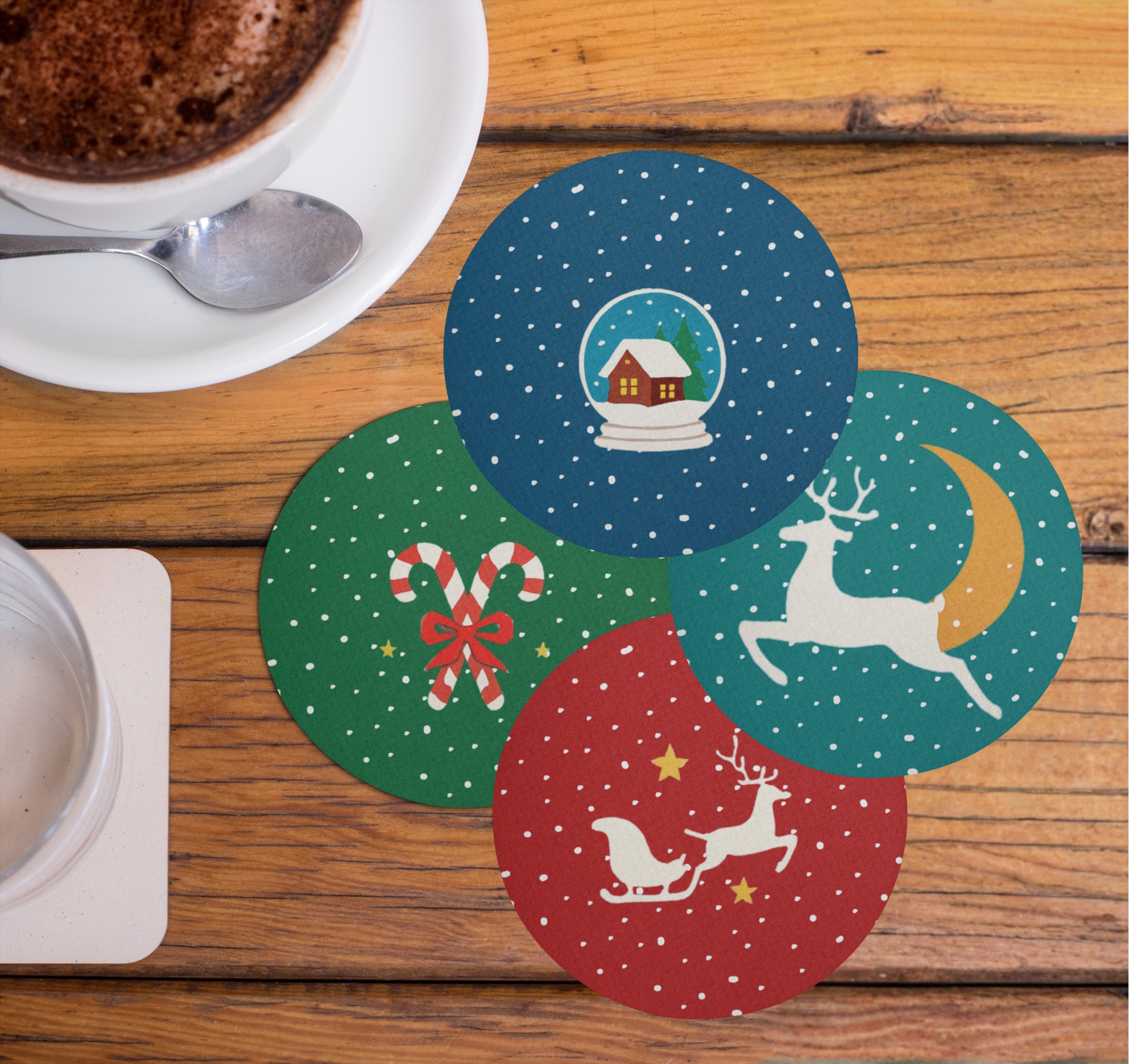 Holiday Magic Christmas Coasters Set, MDF Material, 4 Festive Designs with Candy Cane, Sleigh, Reindeer and Snow House Patterns, Xmas Decor
