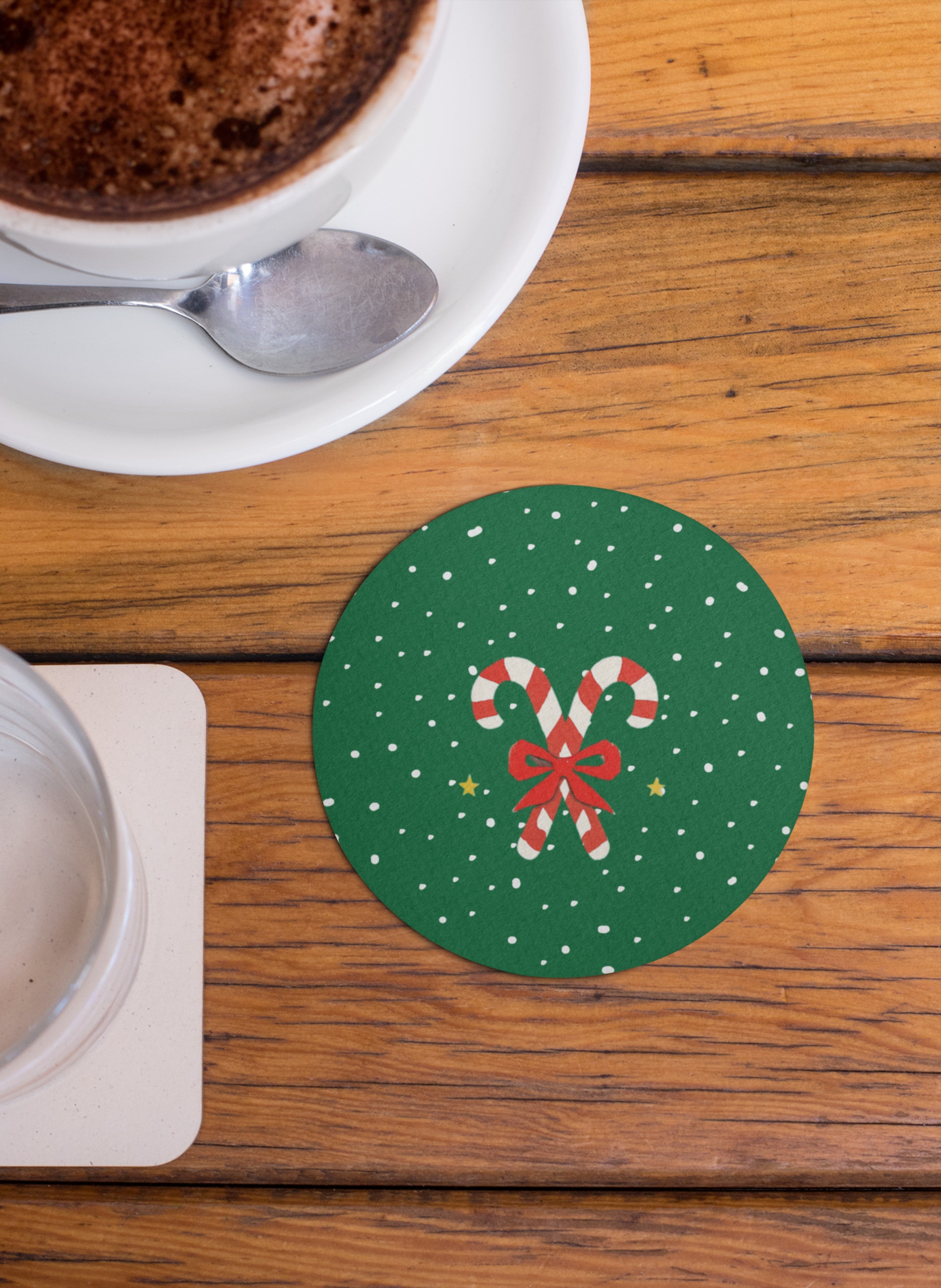 Holiday Magic Christmas Coasters Set, MDF Material, 4 Festive Designs with Candy Cane, Sleigh, Reindeer and Snow House Patterns, Xmas Decor