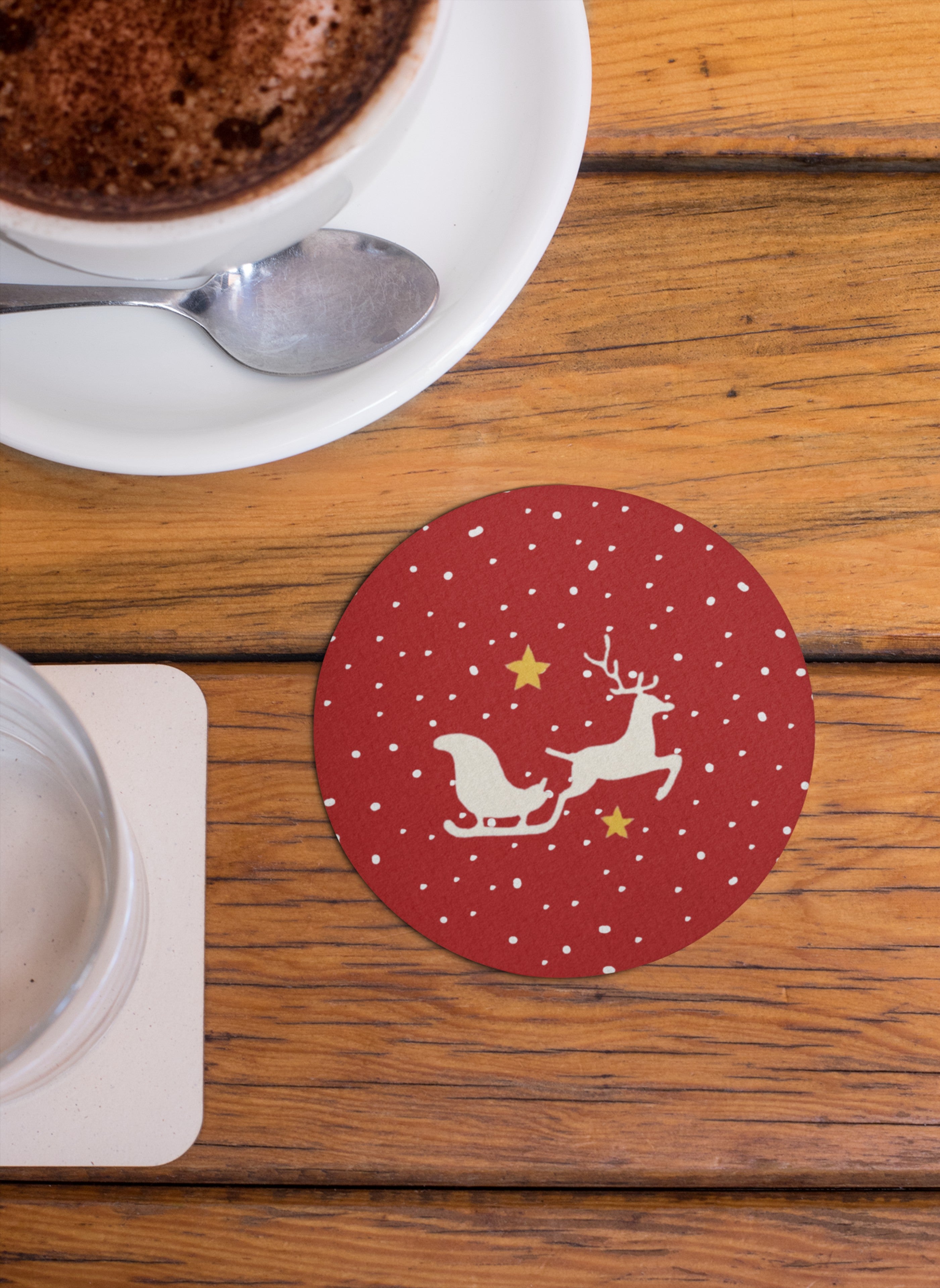 Holiday Magic Christmas Coasters Set, MDF Material, 4 Festive Designs with Candy Cane, Sleigh, Reindeer and Snow House Patterns, Xmas Decor
