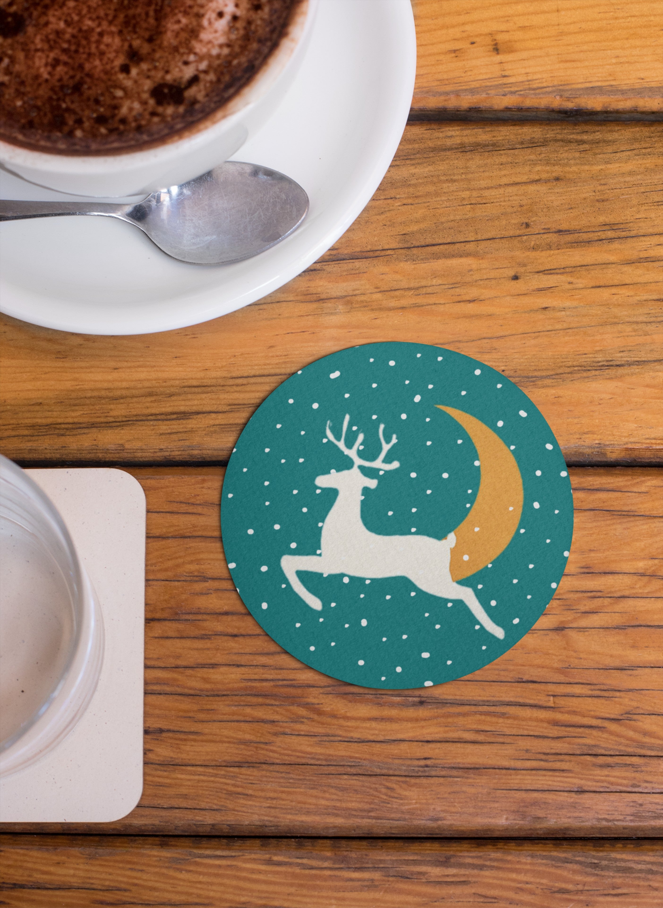 Holiday Magic Christmas Coasters Set, MDF Material, 4 Festive Designs with Candy Cane, Sleigh, Reindeer and Snow House Patterns, Xmas Decor