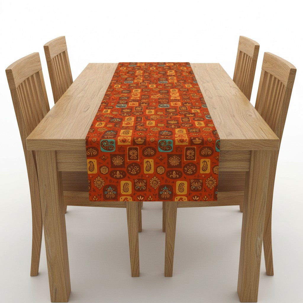 Poly-woven fabric Tablerunner - Rangoli Block Tiles - Festive Home Collection