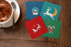 Holiday Magic Christmas Coasters Set, MDF Material, 4 Festive Designs with Candy Cane, Sleigh, Reindeer and Snow House Patterns, Xmas Decor