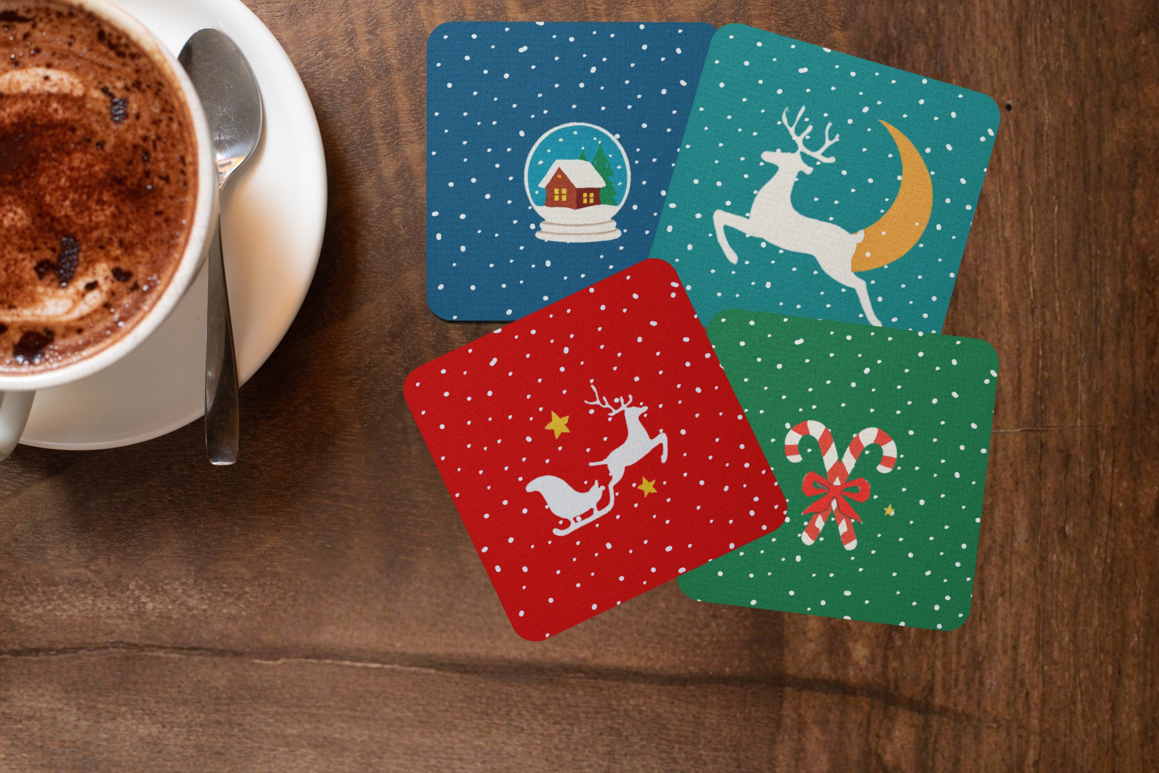 Holiday Magic Christmas Coasters Set, MDF Material, 4 Festive Designs with Candy Cane, Sleigh, Reindeer and Snow House Patterns, Xmas Decor