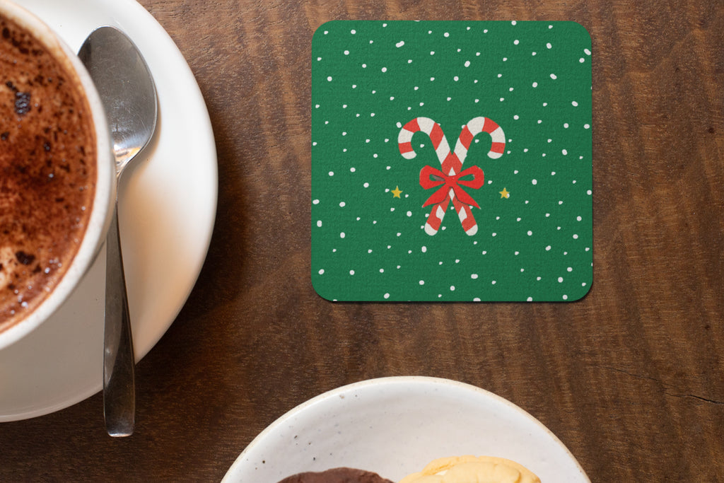 Holiday Magic Christmas Coasters Set, MDF Material, 4 Festive Designs with Candy Cane, Sleigh, Reindeer and Snow House Patterns, Xmas Decor