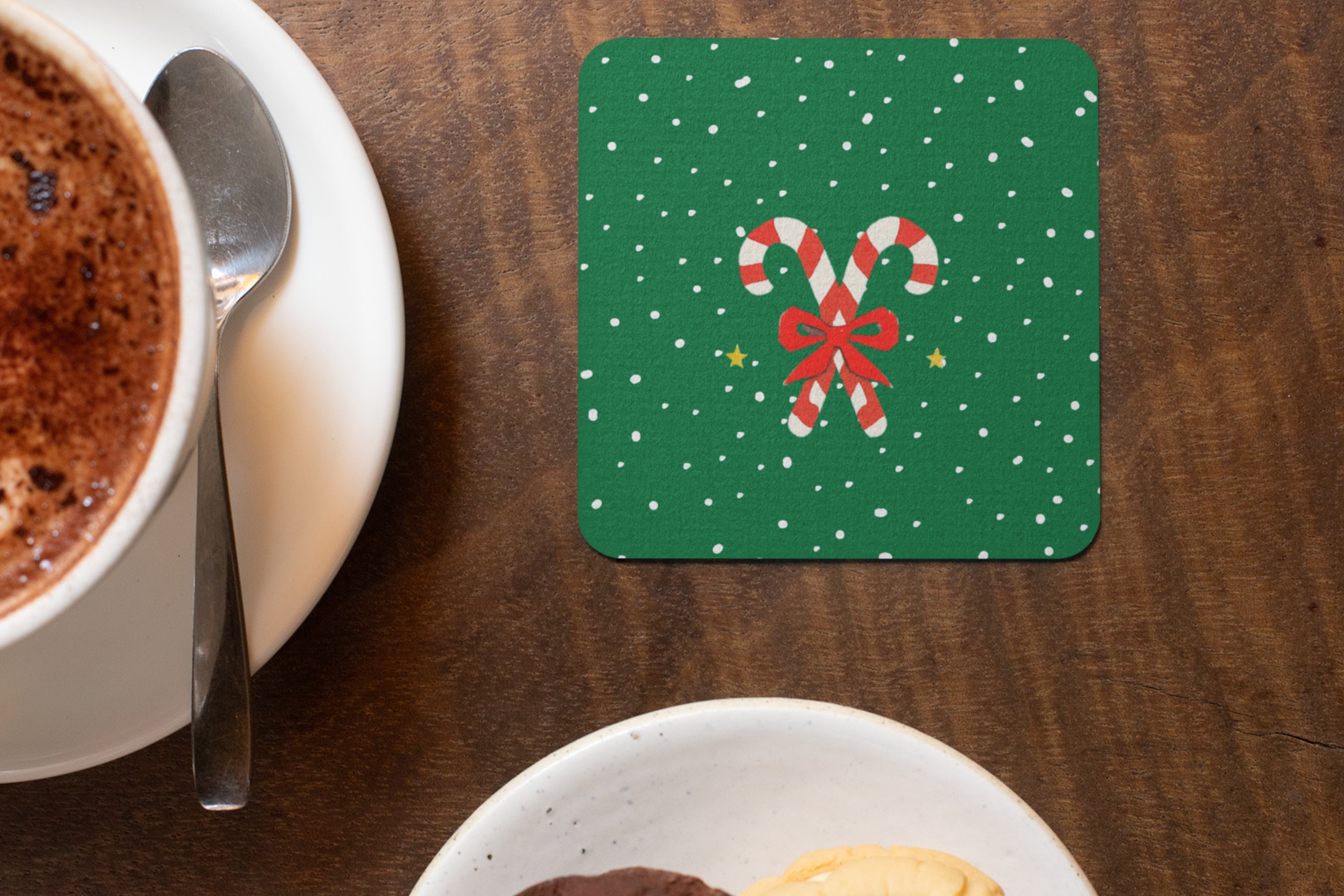 Holiday Magic Christmas Coasters Set, MDF Material, 4 Festive Designs with Candy Cane, Sleigh, Reindeer and Snow House Patterns, Xmas Decor