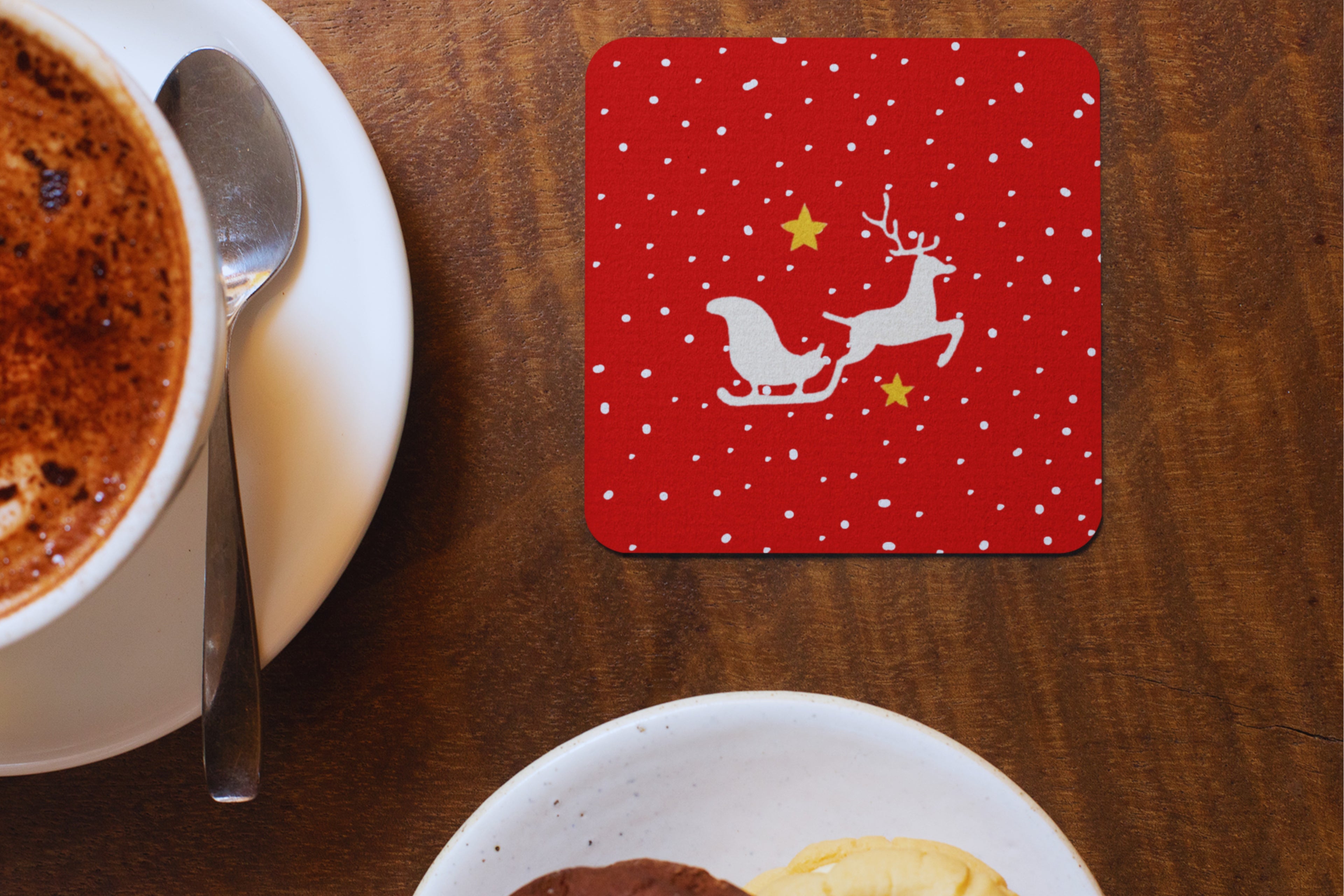 Holiday Magic Christmas Coasters Set, MDF Material, 4 Festive Designs with Candy Cane, Sleigh, Reindeer and Snow House Patterns, Xmas Decor