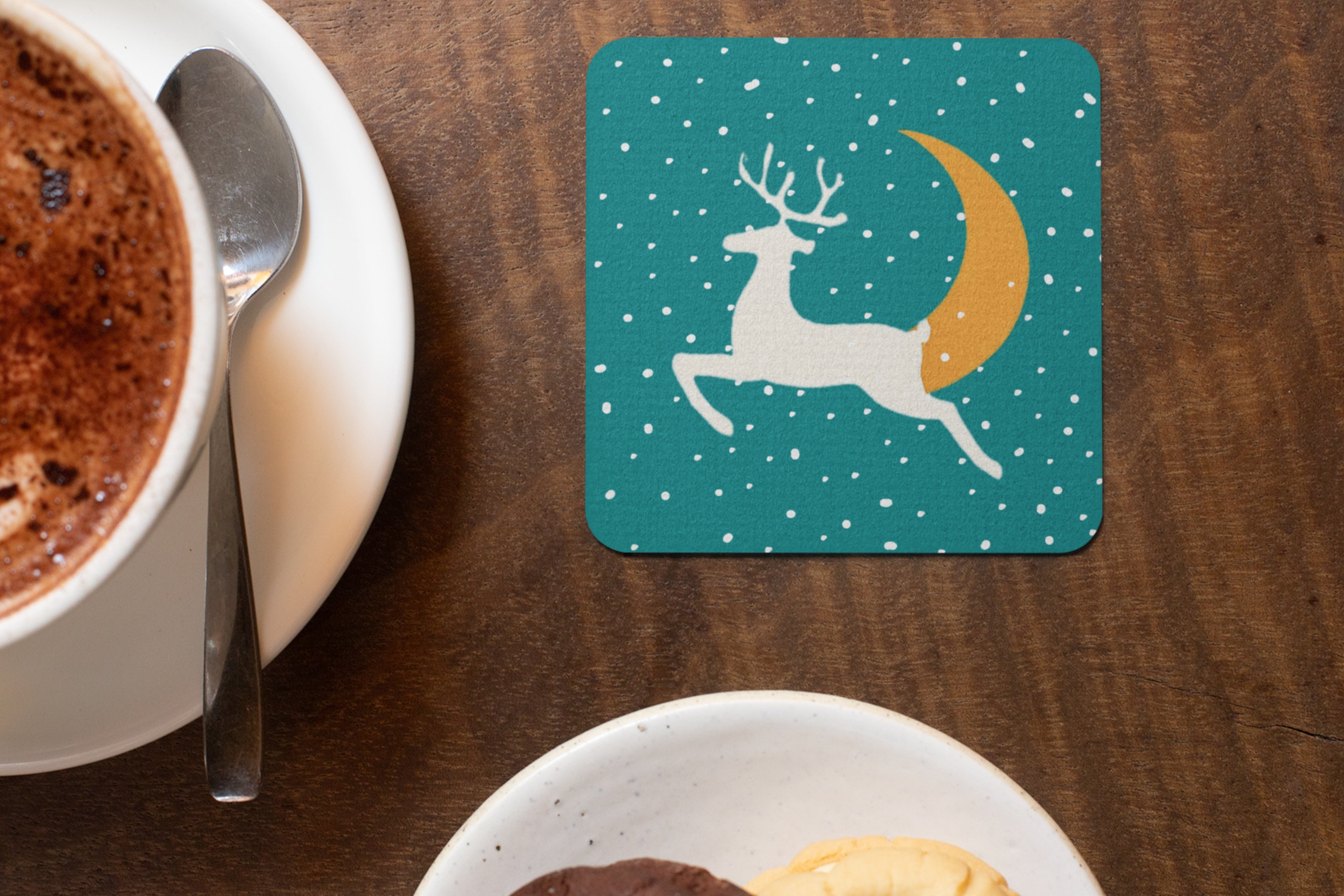 Holiday Magic Christmas Coasters Set, MDF Material, 4 Festive Designs with Candy Cane, Sleigh, Reindeer and Snow House Patterns, Xmas Decor