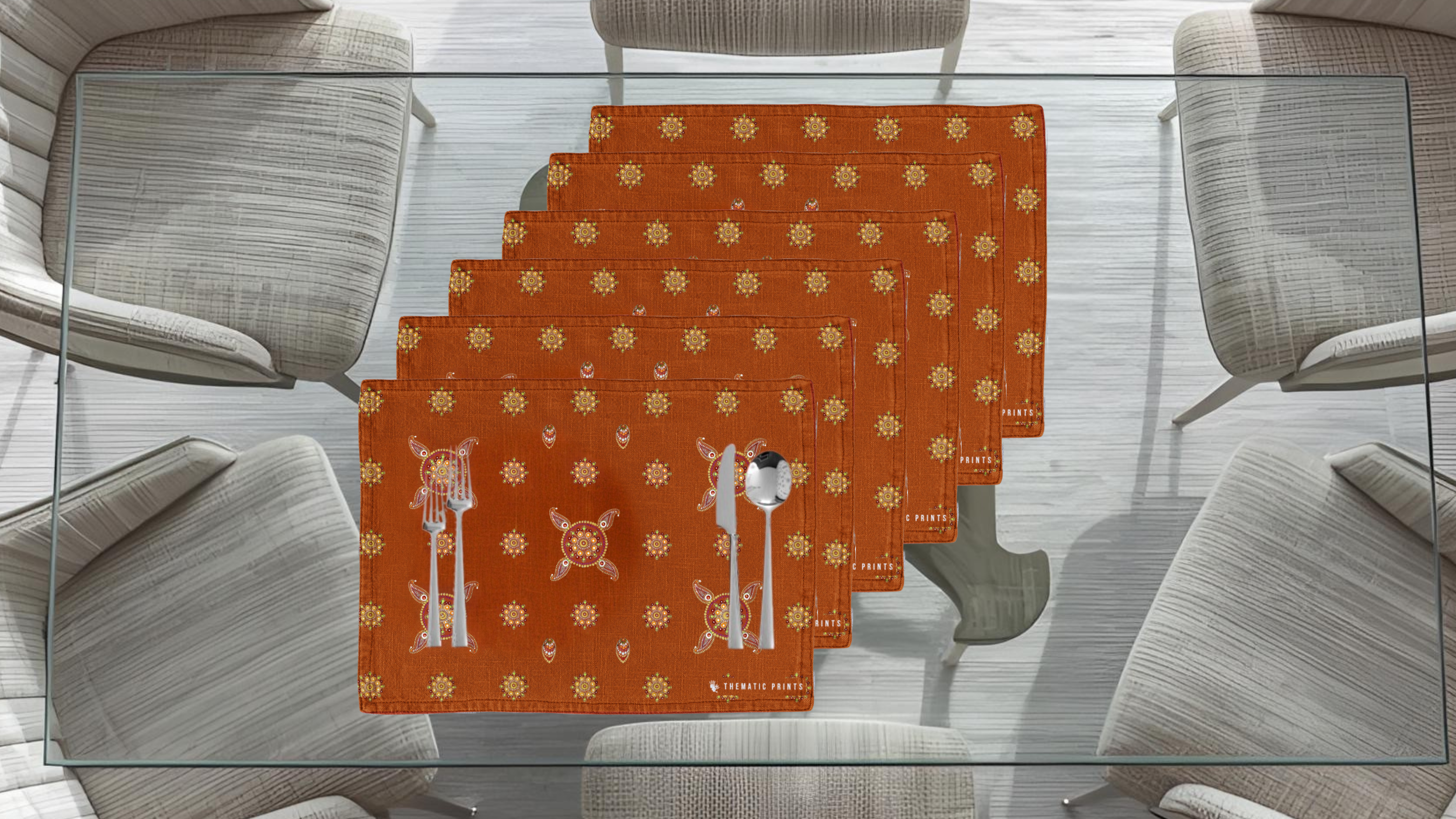 Polyster Fabric Set of 6 Table Placemats - Mandala Large Motifs