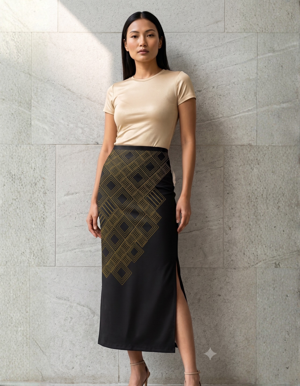 Women's Printed Pencil Skirt – Lattice | Poly Spandex Fabric | Gold Diamond Grid Print | Ankle Length | Bodycon