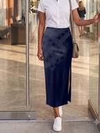 Women's Printed Pencil Skirt – Lattice | Poly Spandex Fabric | Grey Diamond Grid Print in Navy base | Ankle Length | Bodycon
