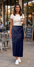 Women's Printed Pencil Skirt – Lattice | Poly Spandex Fabric | Grey Diamond Grid Print in Navy base | Ankle Length | Bodycon