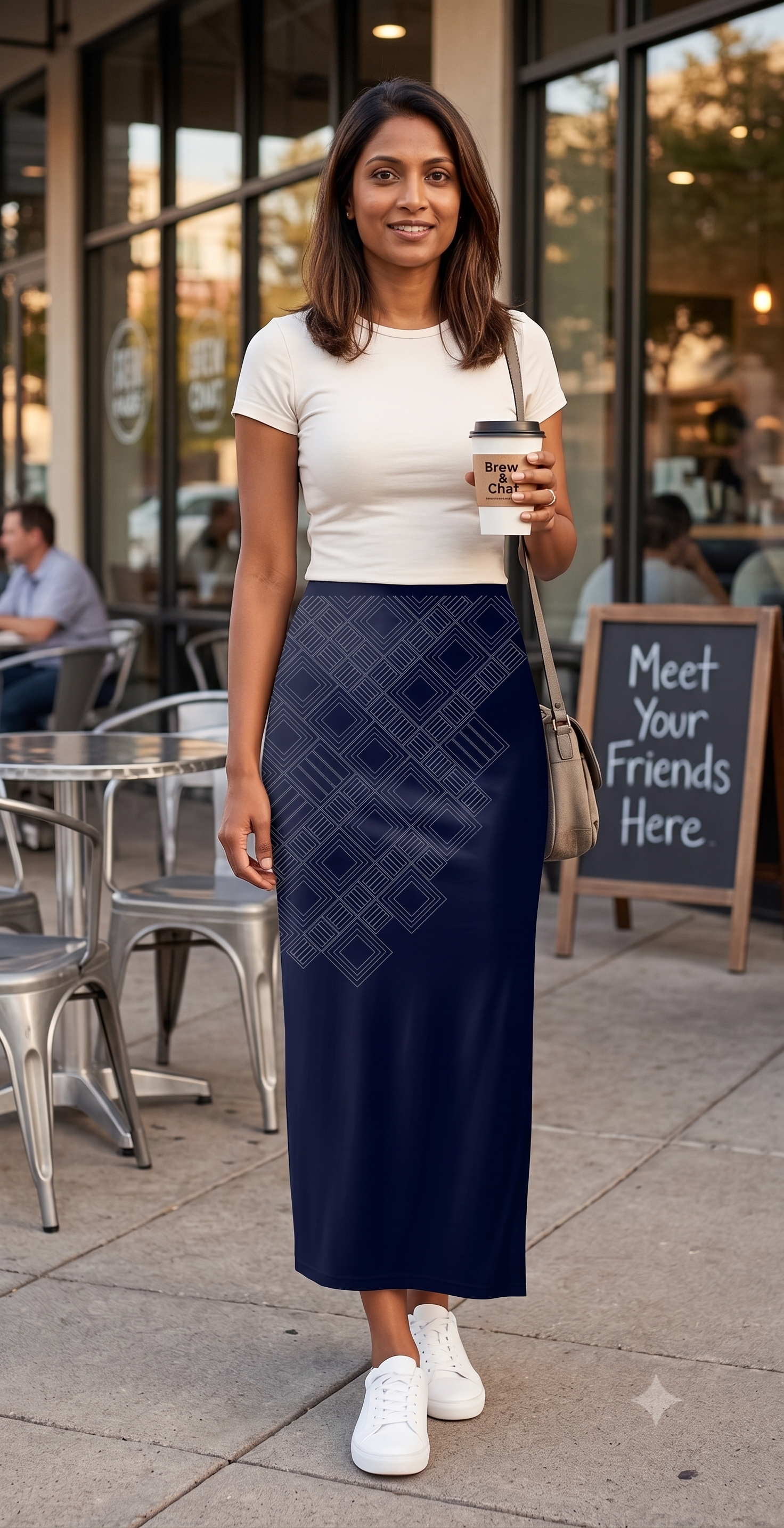 Women's Printed Pencil Skirt – Lattice | Poly Spandex Fabric | Grey Diamond Grid Print in Navy base | Ankle Length | Bodycon