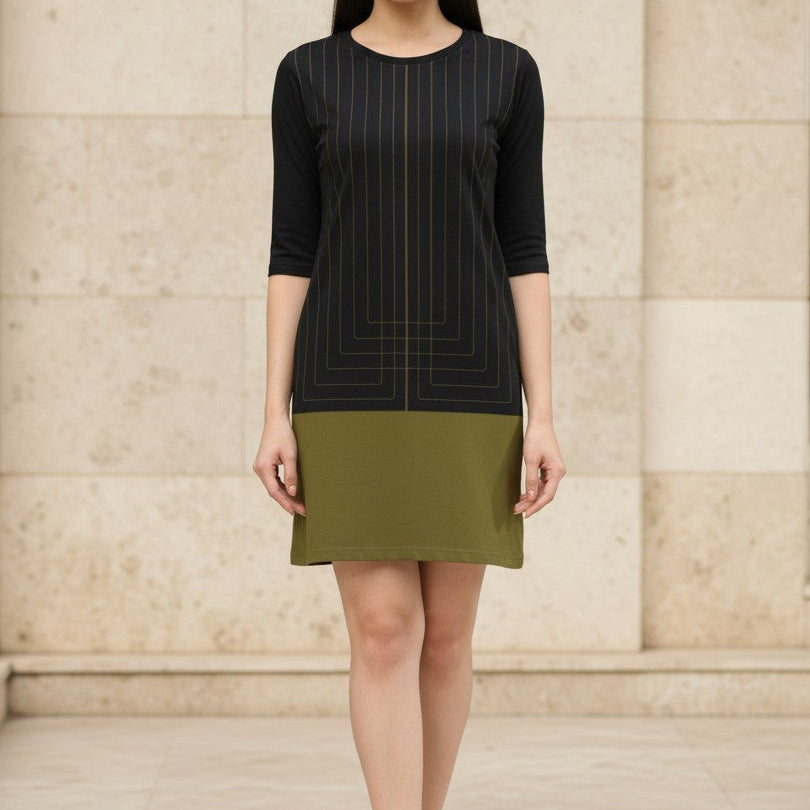 Women's Printed T-Shirt Dress | 100% Spun Polyester | Black Gold Geometric Pattern | Functional Pockets | Casual Regular Fit Dress for Women