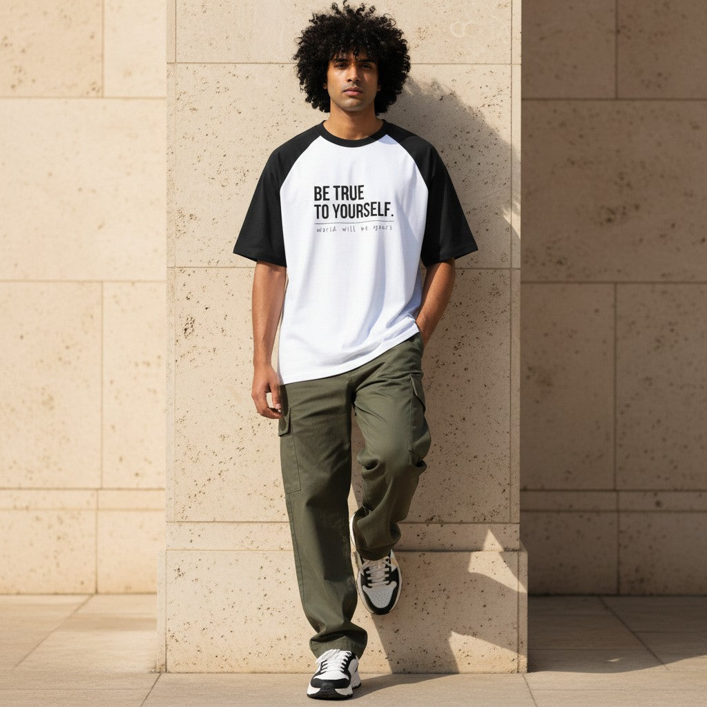 Unisex Oversized Raglan 100% Cotton T-Shirt | Motivational Quote | Be True to Yourself