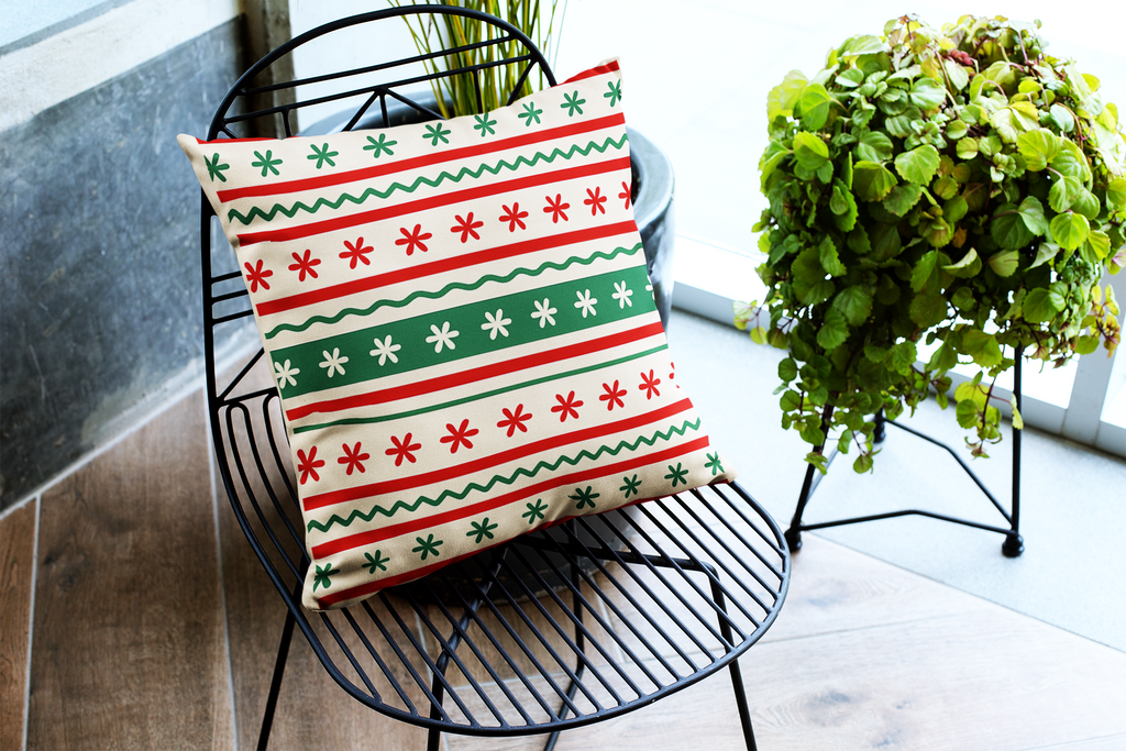 Festive Cushion Cover Set, Poly Lycra Fabric, 16x16 Inches, Festive Holiday Pattern, Red and Green, Machine Washable, 2 Pack