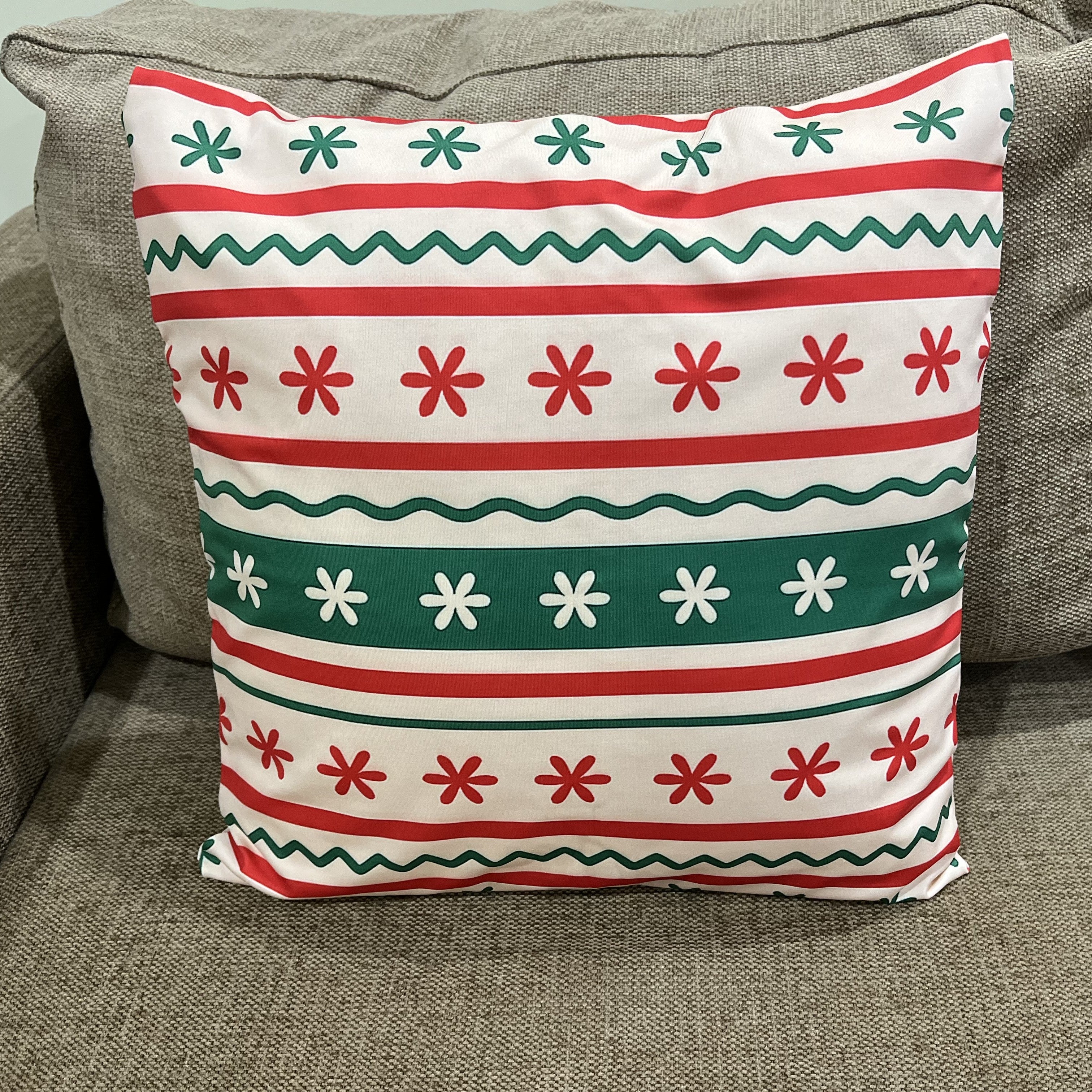 Festive Cushion Cover Set, Poly Lycra Fabric, 16x16 Inches, Festive Holiday Pattern, Red and Green, Machine Washable, 2 Pack