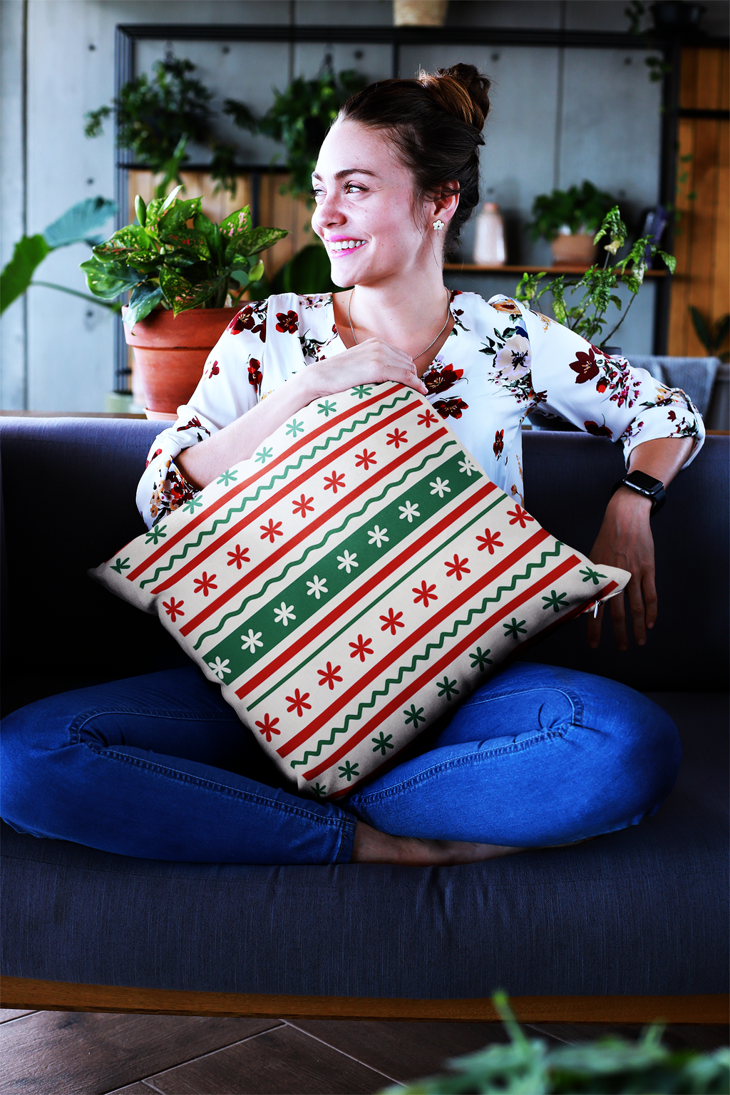 Festive Cushion Cover Set, Poly Lycra Fabric, 16x16 Inches, Festive Holiday Pattern, Red and Green, Machine Washable, 2 Pack