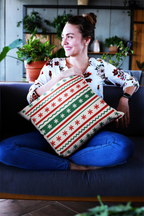 Festive Cushion Cover Set, Poly Lycra Fabric, 16x16 Inches, Festive Holiday Pattern, Red and Green, Machine Washable, 2 Pack