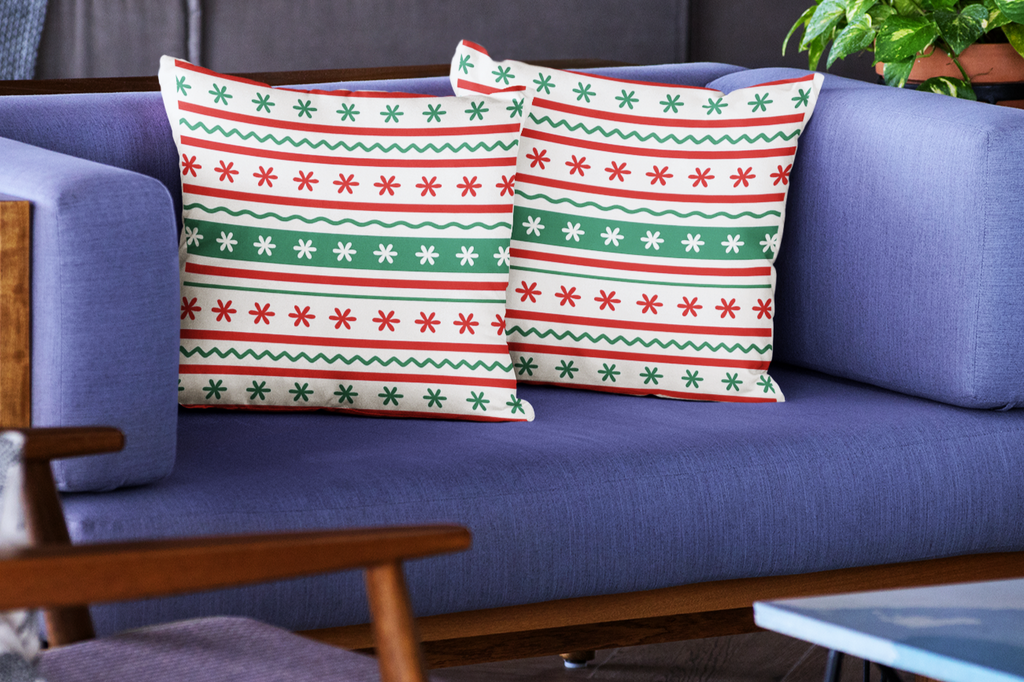 Festive Cushion Cover Set, Poly Lycra Fabric, 16x16 Inches, Festive Holiday Pattern, Red and Green, Machine Washable, 2 Pack